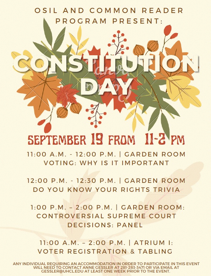 UHCLVoices's tweet photo. Please join the Common Reader and Office of Student Involvement and Leadership in recognizing Constitution Day on Monday (Sept. 19th). Events will be held 11am-2pm in Atrium I and the Garden Room. https://t.co/BIZfnJJzq6
