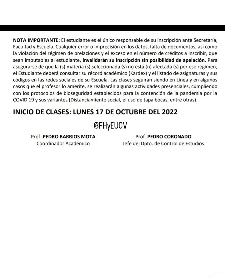fhyeucv's tweet photo. ATENCIÓN:

Proceso de inscripción períodos
- 2022-02S (Escuelas semestrales) 
- 2021- 02A (Escuelas anuales).

Por favor, LEER todo el documento con detenimiento y cumplir con los requisitos. Recuerde que usted es responsable de su inscripción.

Telegram/Instagram: @fhyeucv 
#UCV https://t.co/B3d4xV66qY