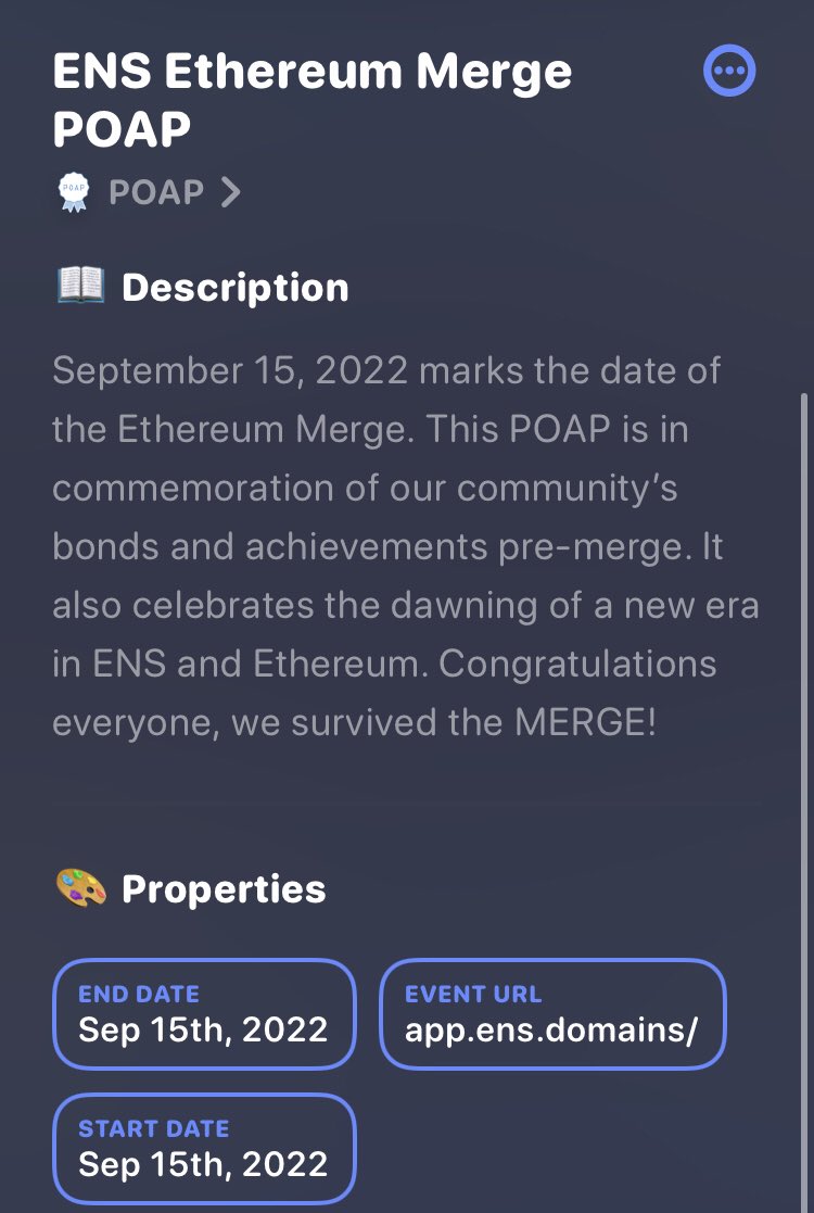 sadaf_eth's tweet photo. Happy Merge Day!! 🥳🎉

To commemorate today I have created a limited addition #ENS Ethereum Merge POAP!

Comment below to receive a link for claiming! Completely free, no wallet connection needed! Just enter your address and claim your POAP! 

“I SURVIVED THE ETHEREUM MERGE” https://t.co/Ohljev3JZB