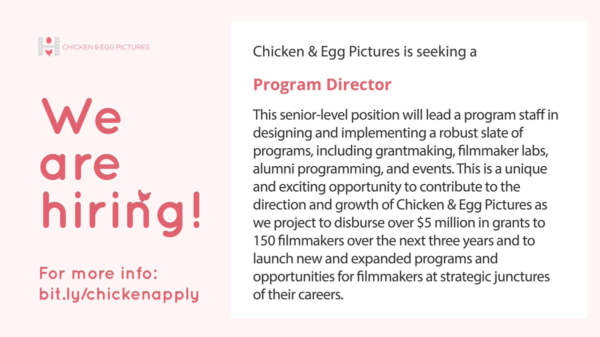 📢🐣 We are excited to announce that we’re recruiting for two New York based positions to join our current staff of 9: Program Director and Program Assistant. 

More information on our careers page: bit.ly/chickenapply