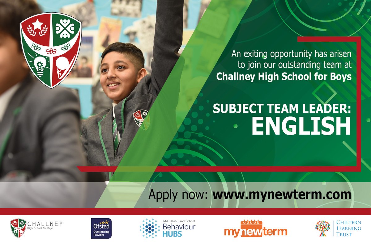 We currently have a vacancy at our outstanding school for a SUBJECT TEAM LEADER: ENGLISH

🗓️ 9am Monday 3rd October 2022
▶️ tinyurl.com/2p82wa7n 
<a href="/mynewterm/">MyNewTerm</a> <a href="/MrsQuickEnglish/">Nicola Quick</a> <a href="/ChallneyReading/">Challney Reading</a> <a href="/EnglishChallney/">Challney Boys English</a>