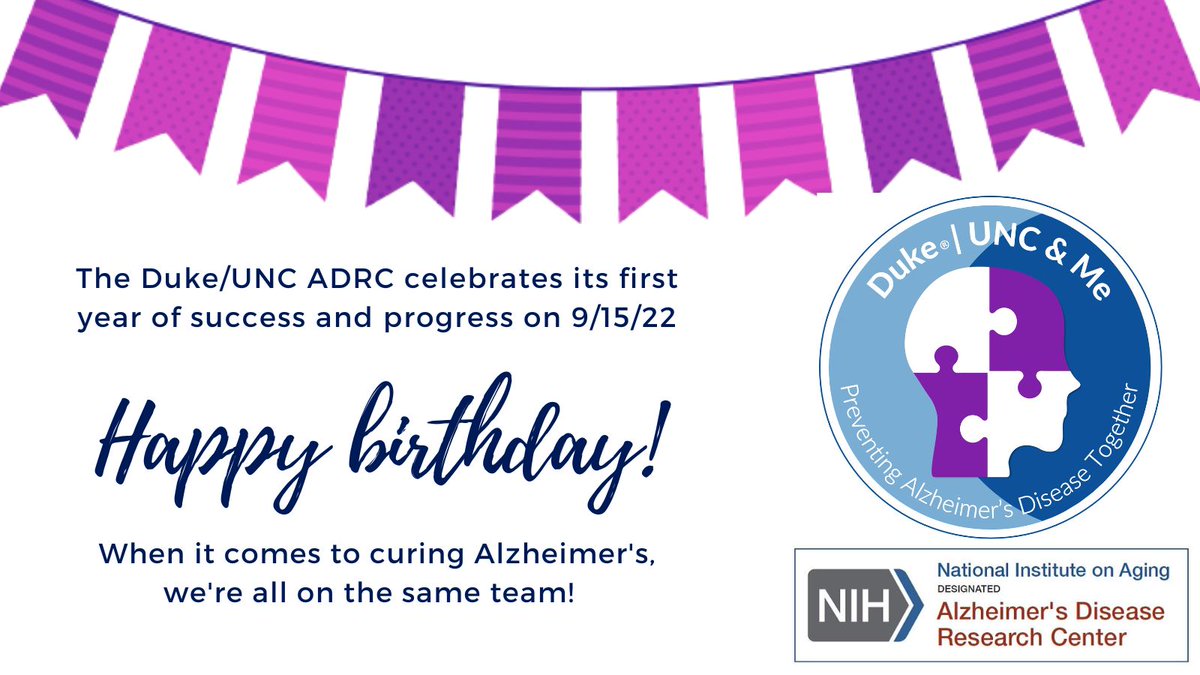 Duke-UNC ADRC (@duke_unc_adrc) on Twitter photo Happy Birthday Duke/UNC ADRC! 84 participants enrolled, 1000+ aliquots banked, 9 community outreach events, 1 SLAM-DUNC Symposium, 3 pilot projects awarded, 2 REC Scholars named & counting. Not bad for a 1 year old!
#NIAfundedADRC <a href="/NIHAging/">The National Institute on Aging (NIA)</a> #AlzheimersDisease Happy Birthday Duke/UNC ADRC! 84 participants enrolled, 1000+ aliquots banked, 9 community outreach events, 1 SLAM-DUNC Symposium, 3 pilot projects awarded, 2 REC Scholars named & counting. Not bad for a 1 year old!
#NIAfundedADRC <a href="/NIHAging/">The National Institute on Aging (NIA)</a> #AlzheimersDisease