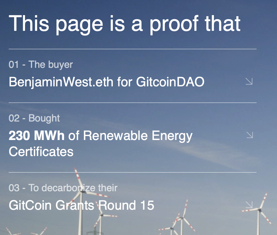 gitcoin's tweet photo. "To decarbonize #GR15 we used 230 tokenized #renewableenergy certificates (RECs) from a global distribution (🇨🇦+🇪🇺) &amp; setting @BenWest as beneficiary "BenjaminWest.eth for GitcoinDAO" 

you can🧐verify all this in this 🤩 green proof 
✅ https://t.co/o7PdqVSQlR" — @zerolabsx https://t.co/MfcuvGSH5y