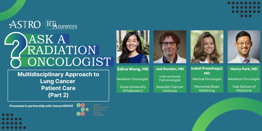 Part 2 of the Ask a Radiation Oncologist with <a href="/cancerGRACE/">GRACE</a> is now available to watch on our YouTube channel! Hear from #RadOncs, a #MedOnc, and an interventional pulmonologist answering more #LungCancer questions. Watch here: youtube.com/watch?v=ga0zNA…