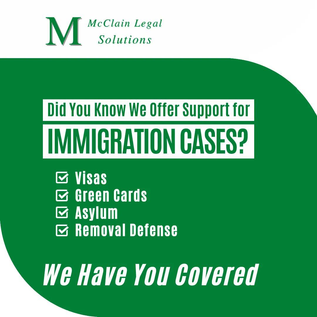 Did you know McClain Legal Solutions offers support with #ImmigrationLaw?

We offer guidance on numerous key areas of #immigration, including:

- Visas
- Green Cards
- Asylum
- Removal Defense

If you're immigrating and need help with legal challenges, we have you covered!