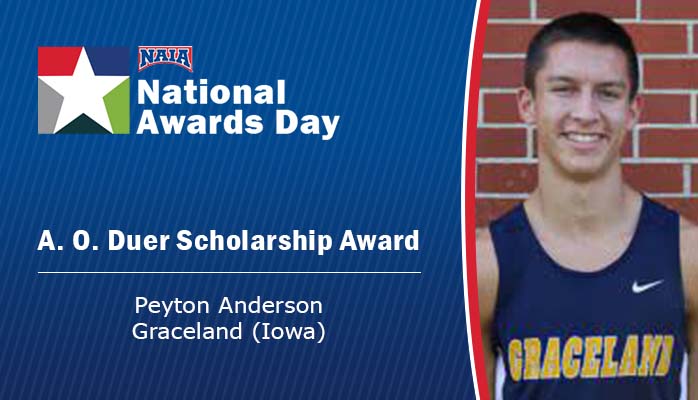 NAIA's tweet photo. Congratulations to Peyton Anderson, from @GracelandU, for being awarded the 2021-22 A.O. Duer Scholarship, due to his leadership both in sports and academics. Displaying strong character, work ethic and citizenship.

Bio: https://t.co/lhs7tW53Xf
#NAIACofC #NAIATogether #NAIATrack https://t.co/zJsi7mT8Js