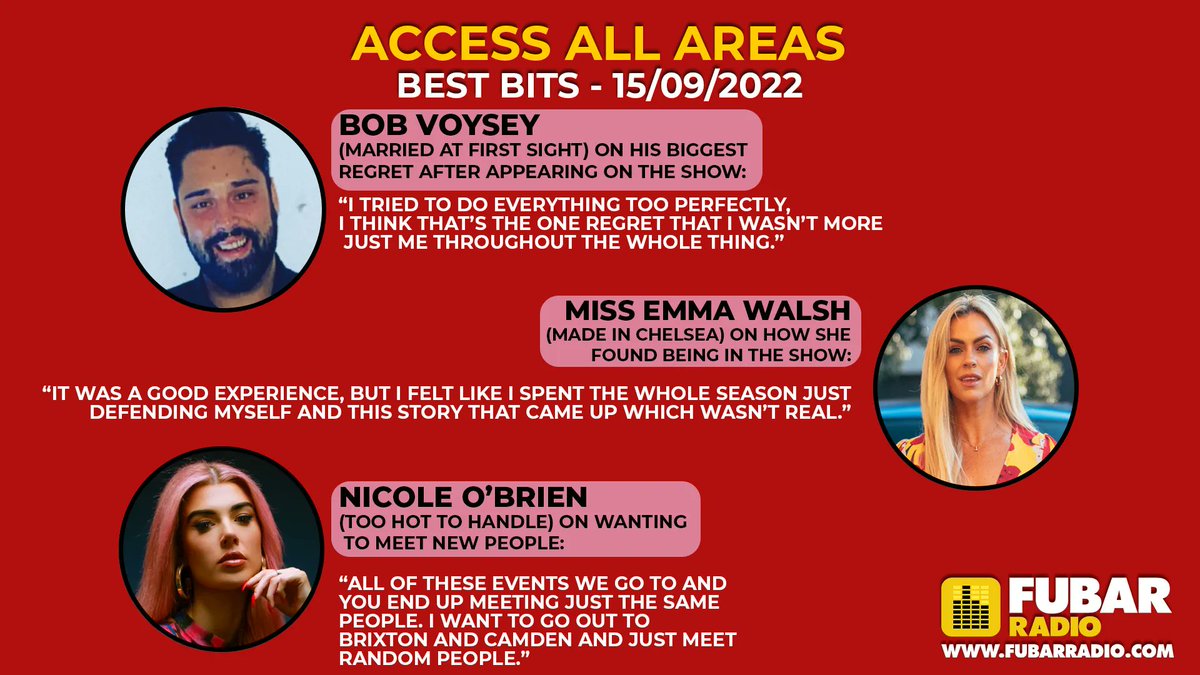 Chatting to @BobbyCNorris and @steveleng this week on #AccessAllAreas was… 🎉 @robertvoysey 🎉 @missemmawalsh 🎉 Nicole O'Brien Listen back to hear them talking all about #MadeInChelsea, #toohottohandle and #MarriedAtFirstSight here 👉buff.ly/3RLoUlv