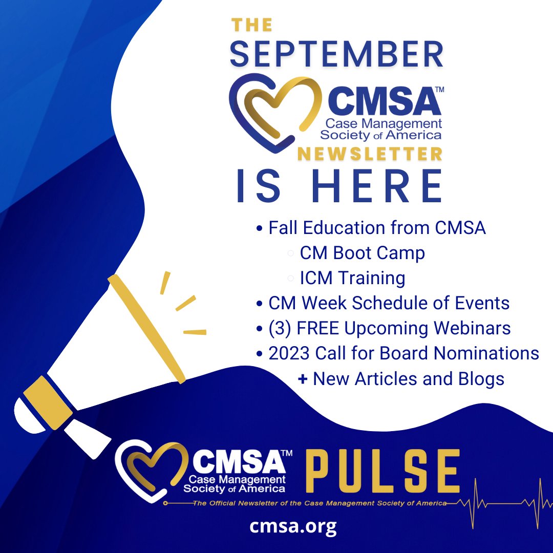 CMSANational's tweet image. Read the September #CMSAPulse Newsletter for all the news you need! bit.ly/CMSAPulseSept22
- Fall Education (Virtual &amp;amp; In-Person Offerings)
- CM Week Schedule of Events
- (3) FREE Upcoming Webinars
- New Articles &amp;amp; Blogs
- 2023 Call for Board Nominations
#CMSA #CaseManagement