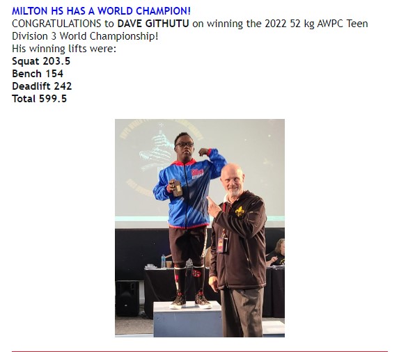 CONGRATULATIONS to DAVE GITHUTU on winning the 2022 52 kg AWPC Teen Division 3 World Championship!

His winning lifts were:

Squat 203.5
Bench 154
Deadlift 242
Total 599.5