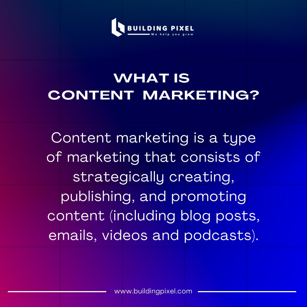 BuildingPixelhq's tweet photo. What Is Content Marketing?
Content marketing is a type of marketing that consists of strategically creating, publishing, and promoting content.
#ContentMarketing #BuildingPixel #BuildingPixelHQ https://t.co/nrzfatZriH