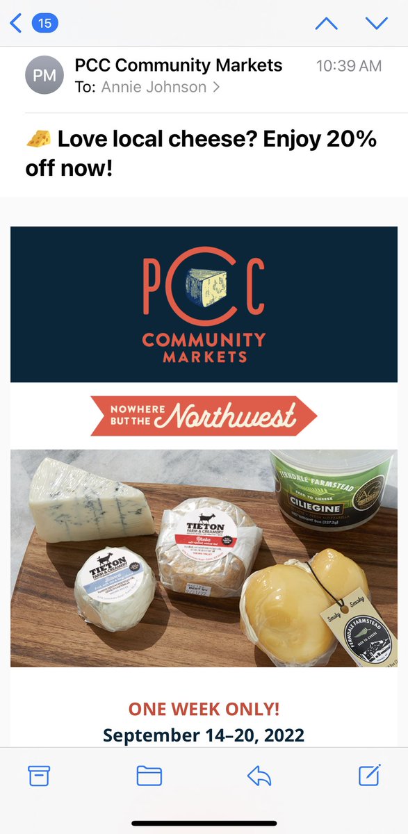johnsonea's tweet photo. I need more of these emails in my inbox! Seattle area folks…20% off local artisan cheeses at PCC through the 20th. Live it up this #cheesefriday https://t.co/K3IG8F5uiW