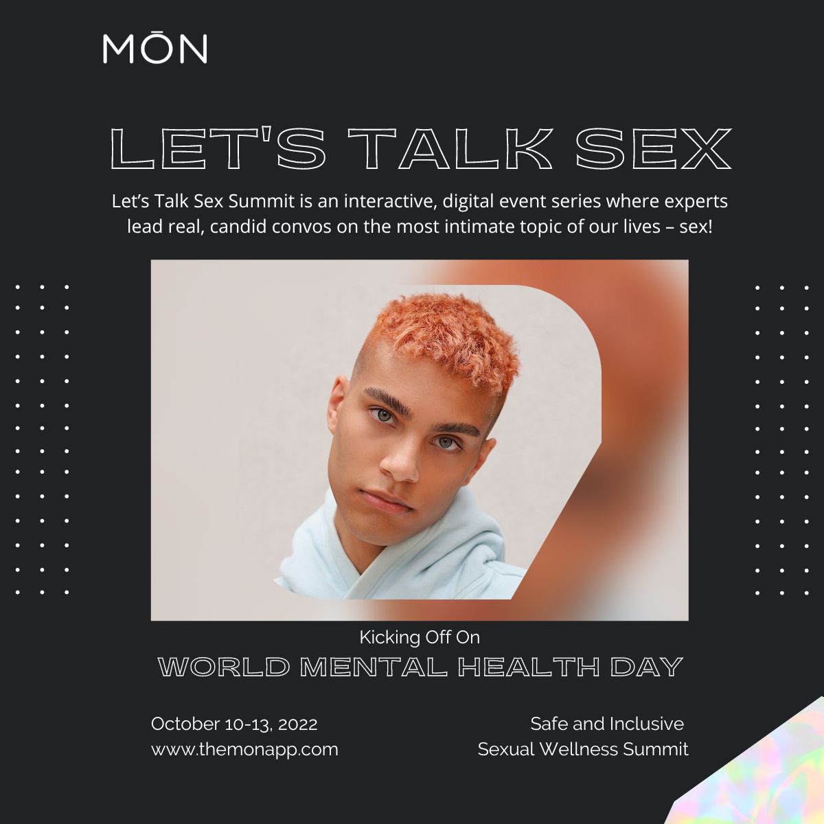 TheMONApp's tweet photo. Let's Talk Sex Summit is coming to @TheMONApp with some of the biggest names in the space! We're kicking it off on World Mental Health Day (10/10/2022). Stay tuned!
#wordlmentalhealthday #mentalhealth #letstalksex #ltssummit22 #themonapp https://t.co/ImWRtUc33w