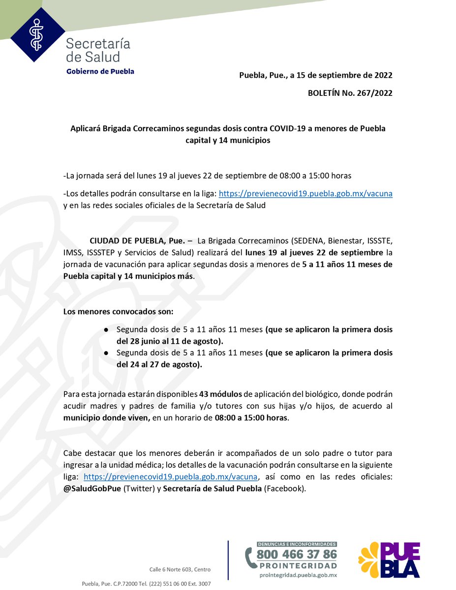 SaludGobPue's tweet photo. Consulta los detalles de la logística de vacunación contra #COVID19 en #Puebla capital y 14 municipios más para:

💉 5 a 11 años 11 meses vacunados del 28 junio al 11 de agosto y del 24 al 27 de agosto 👧👦 (2.a dosis pediátrica Pfizer)

🧵 (1/2) 👇 https://t.co/uTo1uuOIJt