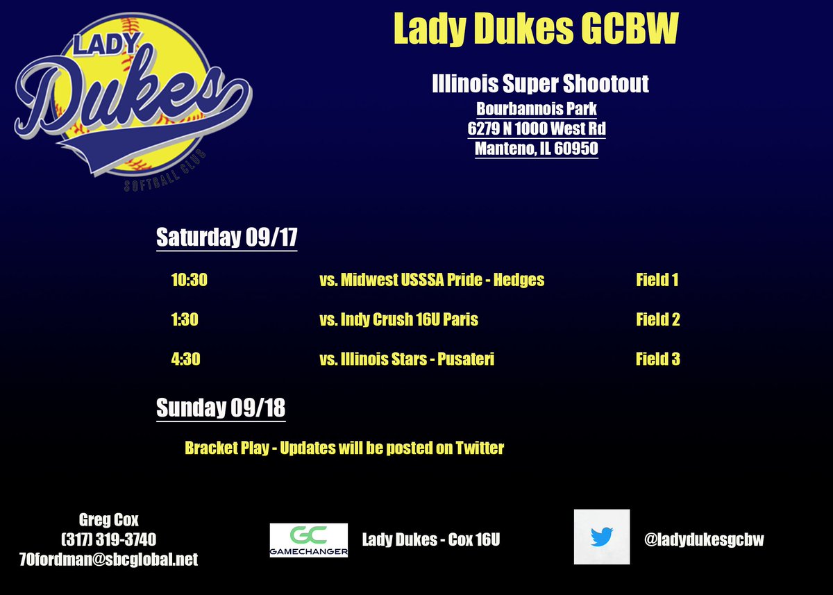 Back on the field this weekend for the Illinois Super Shootout.  All times listed are Central Times. #ladydukesgcbw