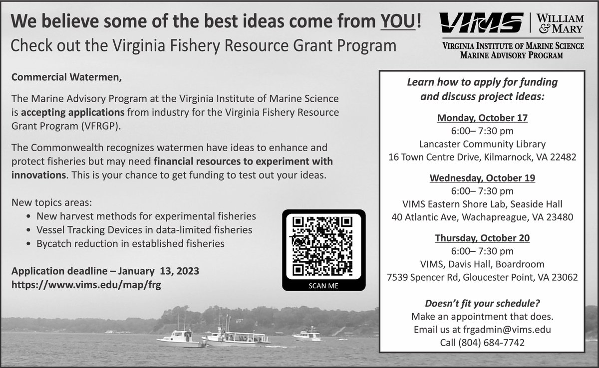 Calling all commercial #watermen📢The 2023 VA Fishery Resource Grant Program is live and we want to hear from you. Scan the QR code to access all the application materials. We look forward to helping you craft your applications, so  attend one of our workshops or reach out to us!