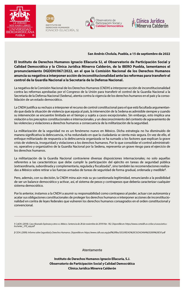 IberoPuebla's tweet photo. Lamentamos el pronunciamiento en el que la Comisión Nacional de los Derechos Humanos anuncia su negativa a interponer acción de inconstitucionalidad ante las reformas para transferir el control de la Guardia Nacional a la Secretaría de la Defensa Nacional. https://t.co/pri9WhM7e6