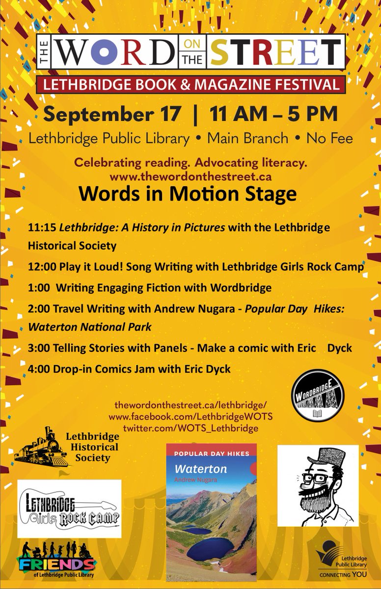 WOTS_Lethbridge's tweet photo. Check out this awesome line-up of workshops at our Words in Motion Stage!
We'll see you there this Saturday, Sept 17 at The Word on the Street!
#WOTSyql https://t.co/DTt7ikySuV