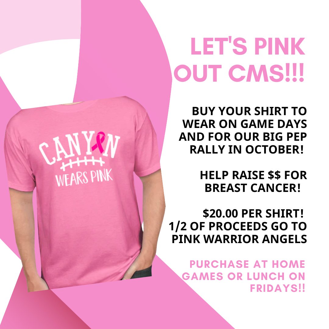 Calling all CMS parents and teachers, we would love your support! Purchase your pink out shirt at home games or Friday’s during lunch to wear on game days. <a href="/CanyonMiddle/">Canyon Middle School</a> <a href="/c_quidachay/">Chelsea Quidachay</a> @jess_carollo16 <a href="/MrsKaraJenkins/">Kara Jenkins</a> <a href="/cms_pta_nb/">CMS PTA - CISD</a> <a href="/CMS_Athletics1/">Canyon Middle School Athletics</a>