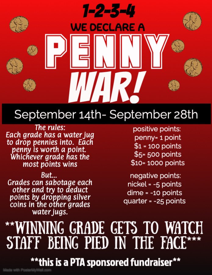 KCS_Sevier's tweet image. We DECLARE A PENNY WAR! Which Grade will win? All $ goes to our PTSA who works so hard to help out school community! Pennies and bills = positive points for a grade. Silver coins = negative points! 😂 who will be top on the positive side? Will you help us? ❤️🤍🖤 #RiseWithUs