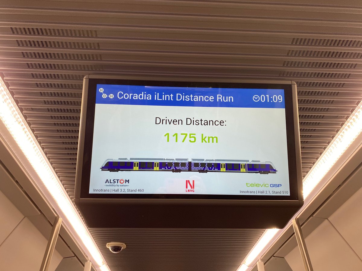 Alstom's tweet photo. Mark this number: 1,175 kms #TeamAlstom has just established a new world record. We have traveled 1,175kms with the Alstom Coradia iLint, with a single tank filling. From Bremerhaven, all the way to Munich! 🎉🏅 https://t.co/3b7Hxr6n7G