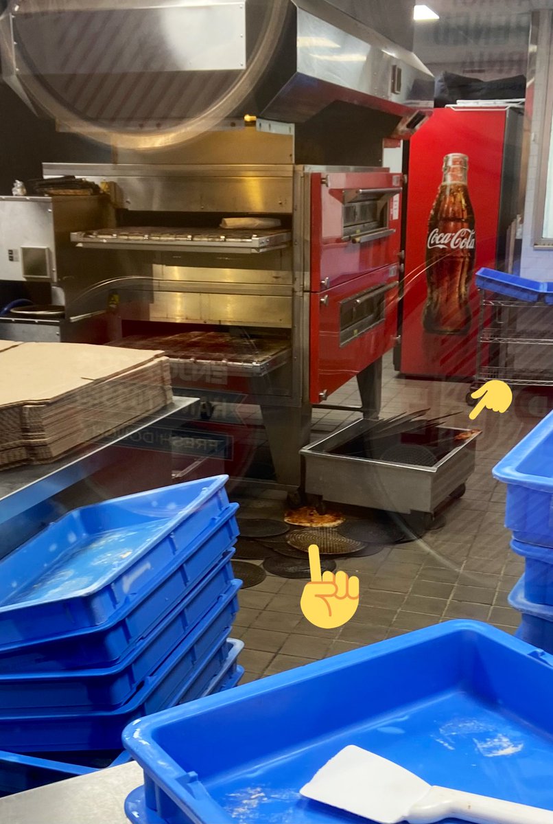 nikbardoni's tweet photo. Does anyone notice the pizzas 🍕 on the floor next to the pizza oven racks or is it just me? Employees have walked over them like nothing. @dominos #8642 https://t.co/0htb0fAlgG