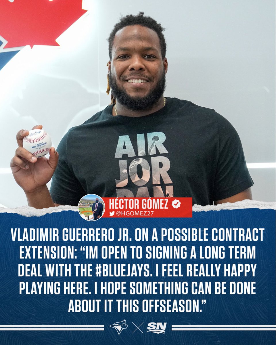 Sportsnet (@sportsnet) on Twitter photo Vladimir Guerrero Jr. is looking to put pen to paper on a long-term deal with the <a href="/BlueJays/">Toronto Blue Jays</a> this offseason. 👀 Vladimir Guerrero Jr. is looking to put pen to paper on a long-term deal with the <a href="/BlueJays/">Toronto Blue Jays</a> this offseason. 👀