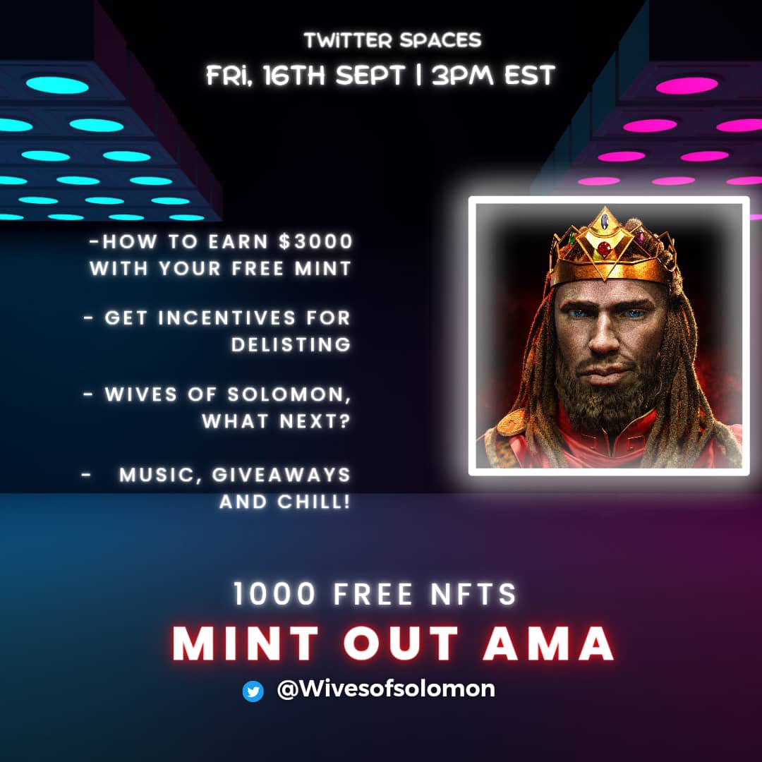 Wivesofsolomon's tweet photo. Can’t wait for our Twitter space tomorrow. Going to be enlightening and 🔥…

Set your reminders and tag 2 people to join…LFG!!!

https://t.co/7jt28Eukf2

#nft #nfts #nftcollection #nftgiveaway #nftart #nftcommunity #meta #metaverse #wivesofsolomon https://t.co/VLbhupEdmY