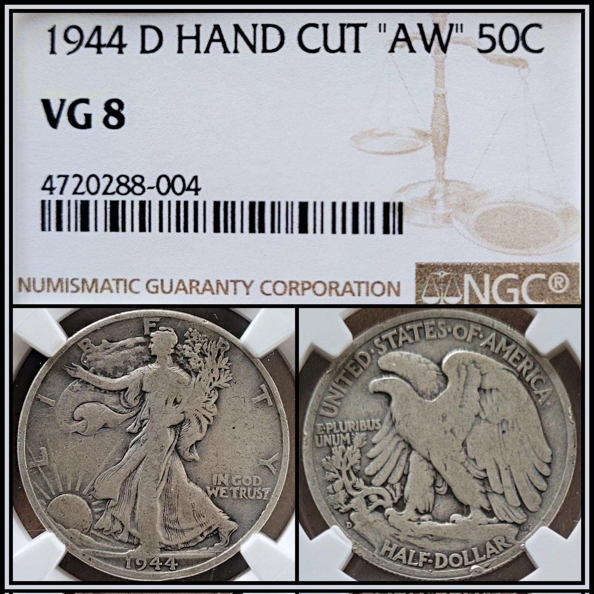 Apex_Collecting's tweet photo. Walking Liberty half dollar that is well circulated of a lesser known variety, "Hand cut AW" which represents designer Adolph Weinman. A mint worker hand cut initials into the coin. #walkingliberty #handcut #libertywalking #silverhalfdollar #adolphweinman #uscoins #coinvariety https://t.co/ITU0hndjD2