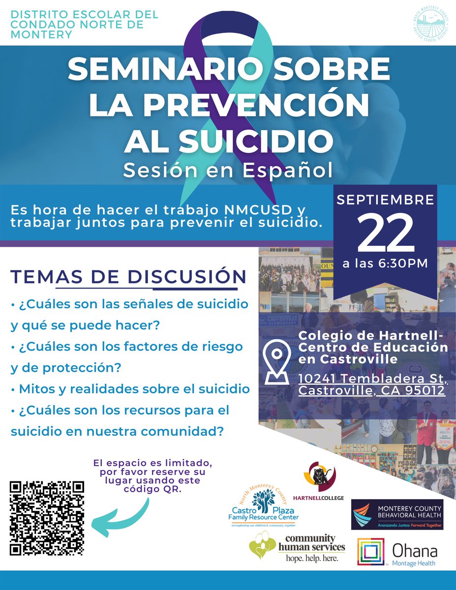 In partnership with @MCBH_Together and other community partners NMCUSD will be hosting an evening seminar for the community about Suicide Prevention. NMCUSD, join us, together we can prevent suicide. 💙💜 #SuicidePrevention #BetterTogether