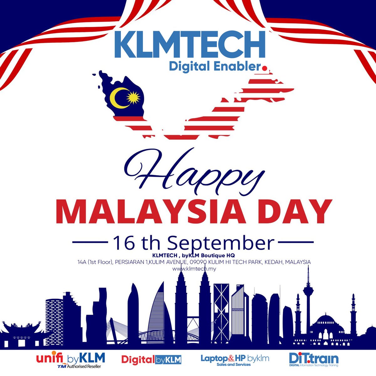 Happy Malaysia Day!

Kami di KLMTECH mengucapkan Selamat Hari Malaysia kepada semua warga negara tanah air tercinta.

Together we stand in full strength &amp; unity for a greater nation!