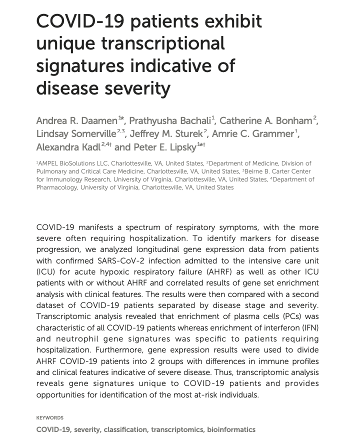 Coming to a pubmed search near you, work by @UVA_PCCM's Dr.s Kadl, Sommerville, Sturek, and @CathyBonham (among others) looking at transcription signatures that correlated with disease severity. A labor of love during a very difficult time.