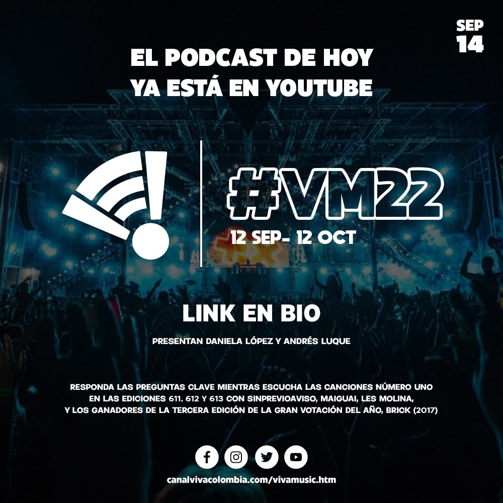 [#VM22] Gane votos en los #VivaMusic2022 con 
@Dani_OnAir y <a href="/andresluquefm/">Andrés Luque</a> comentando en youtu.be/zN61bk5Y6oE Hoy las #1 del #VivaMusic100 en las ediciones 611, 612 y 613 <a href="/sinprevioaviso4/">sinprevioaviso4@gmail.com</a> <a href="/maiguaimusic/">Maiguai</a>, Les Molina y los ganadores de los #Viva2017 #VivaMusic2017 <a href="/BrickOficial/">Brick Oficial</a>