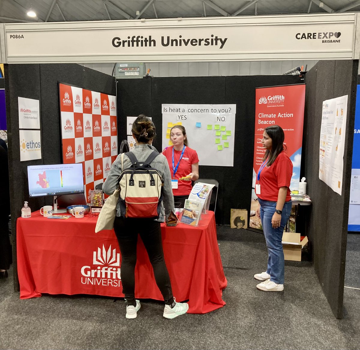 Our researchers are at the Brisbane Care Expo today promoting their exciting project, Ethos, focused on extreme heat and older persons. Want to know more about heat health risks and how can we adapt using digital technology? Come and chat to us! #ClimateActionBeacon