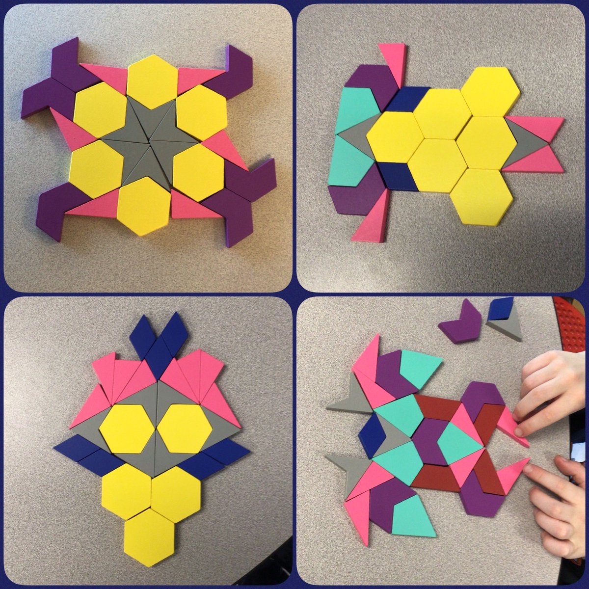 class4hm's tweet photo. D.R.E.A.M. (Drop Everything and Math) images: building with 21st Century Pattern Blocks. #21centurypb  #whfelementary #eipsteaches https://t.co/DiIP13cYg0