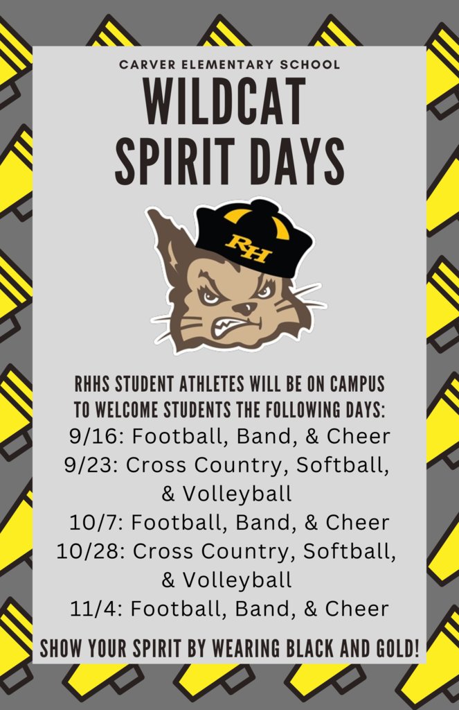 CarverES_RH's tweet photo. Mark your calendars for Wildcat Spirit Days!  Can't wait to see the GWC Wildcats rocking black and gold! 🖤💛 #wearecarver https://t.co/tIZF7EbU9Q