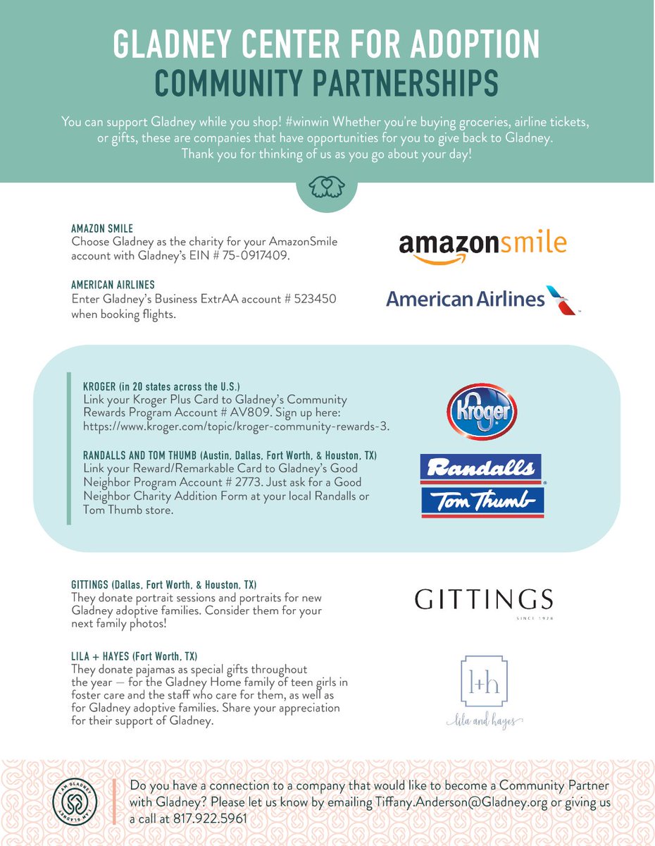 Gladney_Center's tweet photo. Whether you're buying groceries, airline tickets, or gifts, these are companies that have opportunities for you to give back to Gladney. Thank you for thinking of us as you go about your day! 

#winwin #communitypartnerships https://t.co/Wuiu5NqDXl