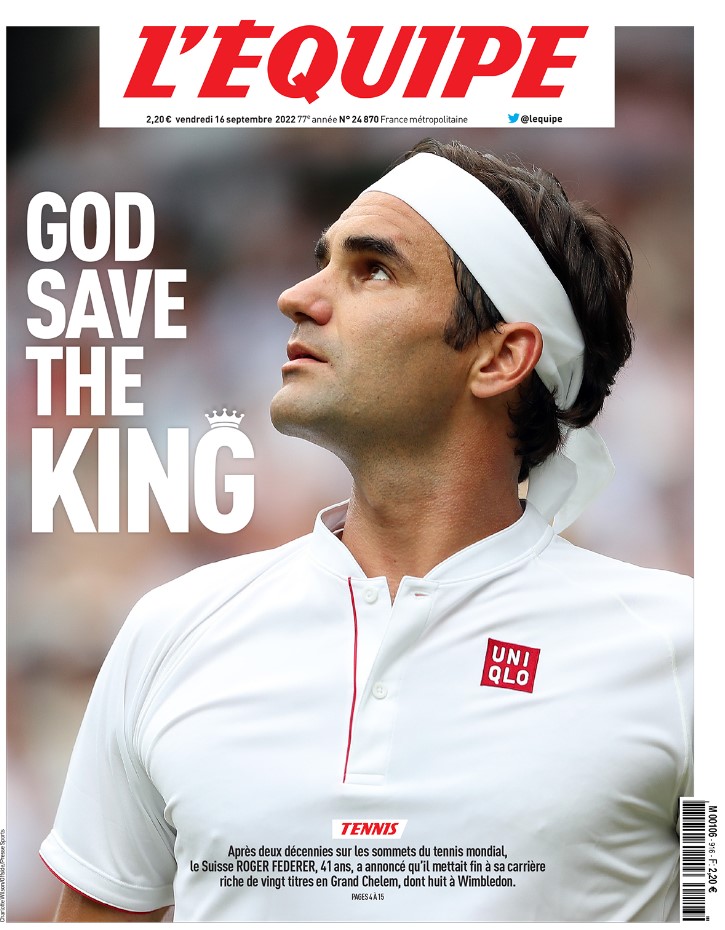 SC_ESPN's tweet photo. "GOD SAVE THE KING" la portada de L'Equipe tras el anuncio de Roger Federer, quien dejará el tenis profesional. https://t.co/W1e6Xh2L2X