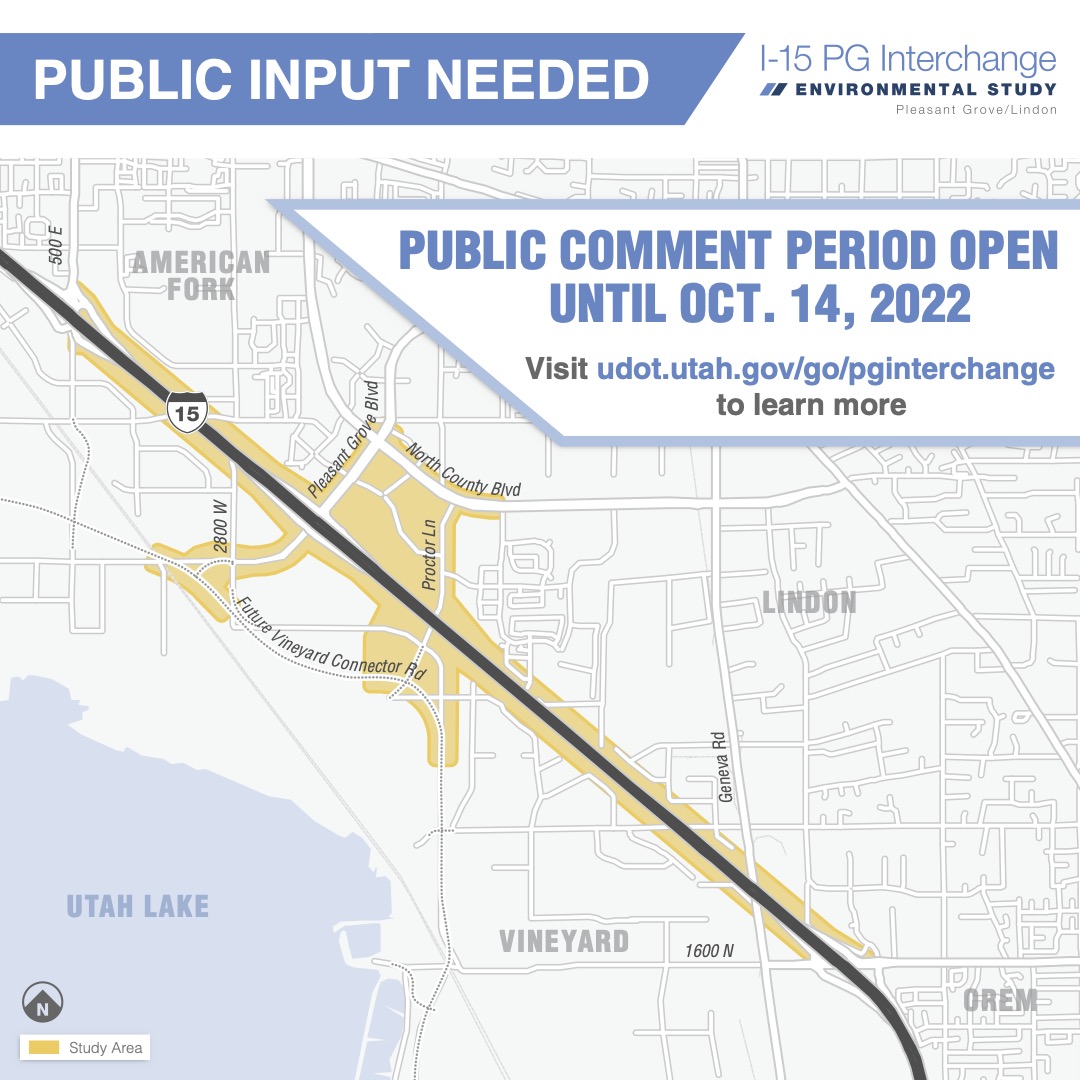 Come participate in an online or in-person Public Hearing regarding @UtahRegionThree’s I-15 PG Boulevard Interchange Environmental Study.
Online: Tues, Sept. 27, 6-7 p.m.
In-person: Wed, Sept. 28, 5-7 p.m.
For more information, visit udot.utah.gov/go/pginterchan….
