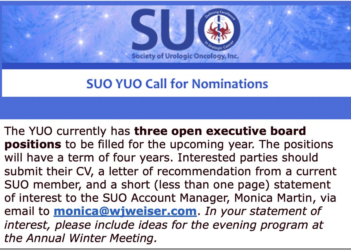 Amazing opportunity for all YUO members .. apply below to join our executive board @AmerUrological @UroOnc