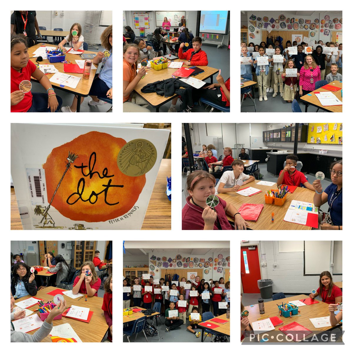 Bryson_MS's tweet photo. Ms. Simpson’s 6th Grade Art classes celebrated #InternationalDotDay by creating with dots. Mrs. Barker, our Media Specialist even stopped by to read the book “The Dot” by Peter H. Reynolds. #BrysonArtists #BMSisReading https://t.co/tBekD34k8o