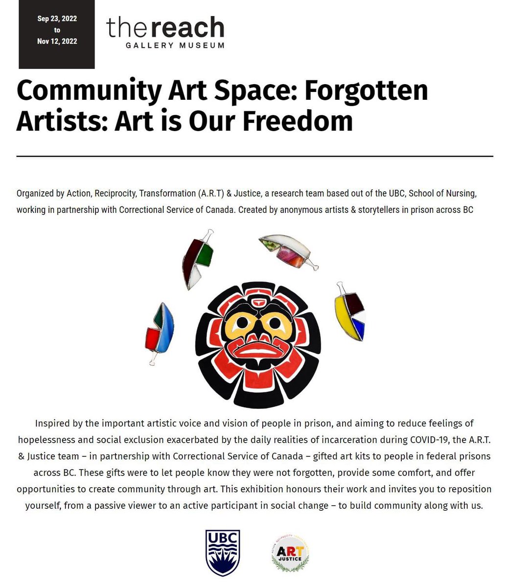 ART+ Justice's next show is at the Reach Gallery Museum in Abbotsford from Sept 23-Nov 12. Come visit and share! @TheReach 
thereach.ca/exhibition/com…

#indigenousart #incarceratedartists #MentalHealthAwareness #art #BCartists #transformativejustice