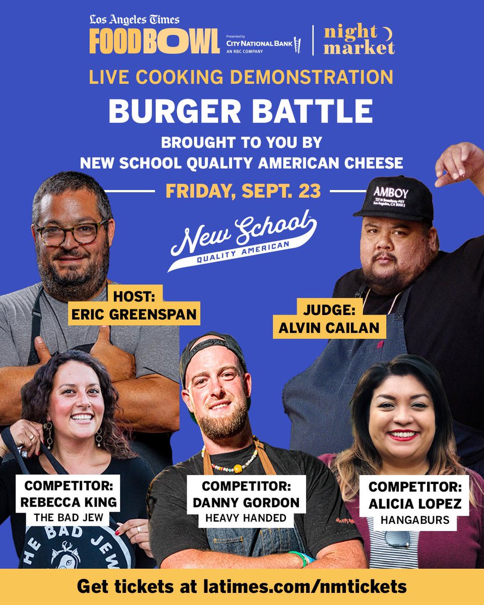 Don’t miss the Burger Battle!! 🍔🍔 Only at Night Market on Friday, September 23!! 🍔🍔 Host <a href="/ChefGreeny/">Eric Greenspan</a> and judge <a href="/alvincailan/">alvincailan</a> will set the stage as #LA's most ferocious burger beasts grill it up and throw it down!! 🍔🍔

Get tickets at latimes.com/nmtickets!