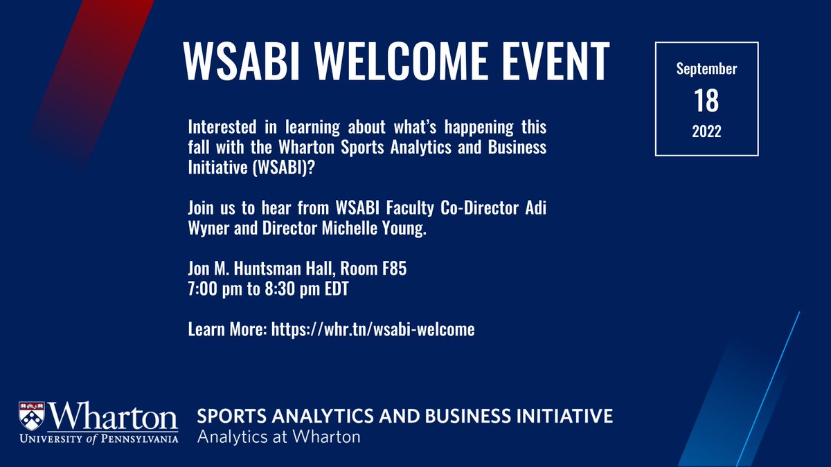 WhartonSABI's tweet photo. #PennStudents: Interested in sports analytics and/or sports business?
Join us this Sunday, 9/18 to learn about @WhartonSABI and how you can get involved.
Lite snacks will be served!
#WSABIWelcome
https://t.co/C2krQJH8Pf https://t.co/mufKr5A1xQ