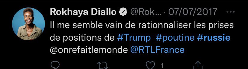 DocteurJustice_'s tweet photo. Rokhaya #Diallo a tweeté UNE FOIS le mot « Russie » (en 2017) et UNE FOIS le mot « Poutine » (en 2017 également)
#writer #journalist #filmmaker #podcaster #researcherinresidence
#196kfollowers https://t.co/AqvWZxArE6