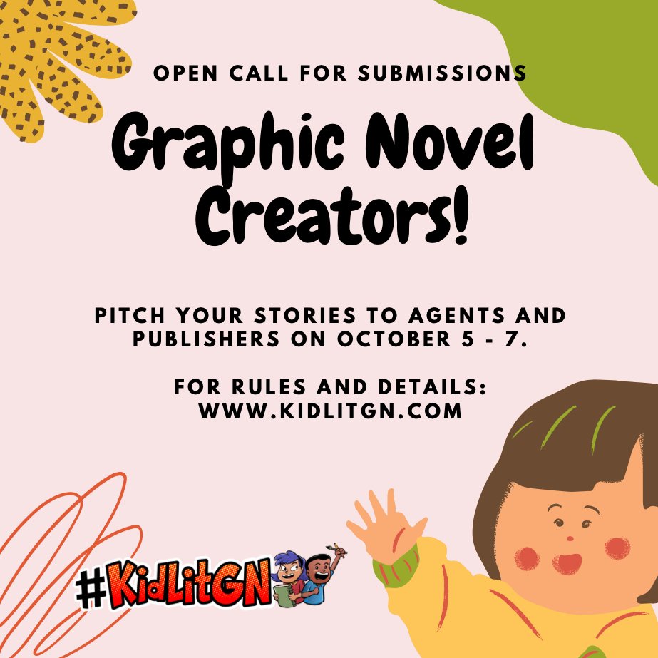 KidLit GN's annual pitch event for MG and younger GN creators is coming Oct. 5 on Twitter and Oct. 5-7 on our website. The Twitter event is for unagented GN creators, the website event is for unagented/agented GN creators. See kidlitgn.com for details. #KidLitGN