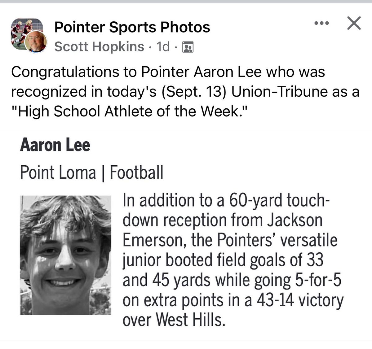 Pointer_Dogs's tweet photo. Nice shout out to @_aaronlee00 from the @sdut @Pointer_Dogs @PointLomaFB https://t.co/ahO7kcfw7O