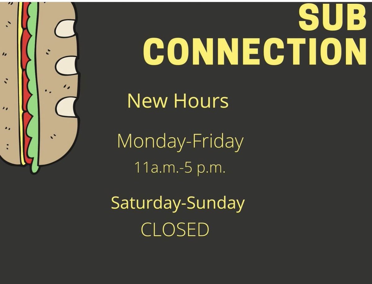 ASUstudentgov's tweet photo. 🚨🚨🚨🚨🚨🚨🚨🚨🚨🚨
Sub Connection New Hours:
Monday-Friday: 11:00 a.m.-5:00 p.m.     Saturday-Sunday: Closed https://t.co/gbrGP9hAcK