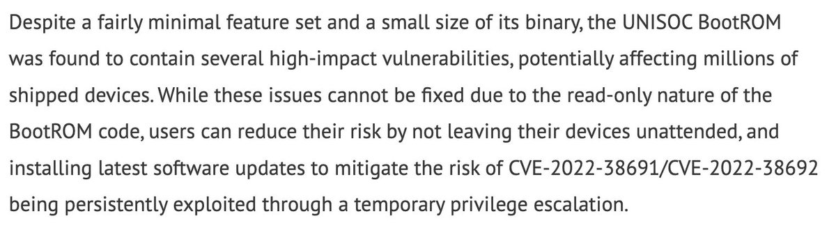 0xor0ne's tweet photo. Several vulnerabilities in UNISOC BootROM code (@NCCGroupplc)
"these issues cannot be fixed due to the read-only nature of the BootROM code"
https://t.co/dFdd9jZatC
#bootrom #android #unisoc #cve #infosec #cybersecurity #hacking #exploit #vulnerability https://t.co/FpGCwg142s