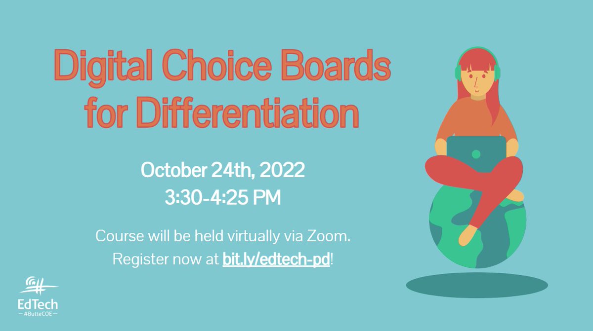 Come explore an easy yet engaging way to direct appropriate curriculum to every student. Quickly modify activities for both individuals and groups, and provide accessible content to all. Work time provided. ★ Register at bit.ly/edtech-pd!

Free for #ButteCOE educators.